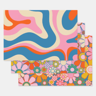 Groovy Retro 60er 70er Floral und Abstrakte Muster Geschenkpapier Set