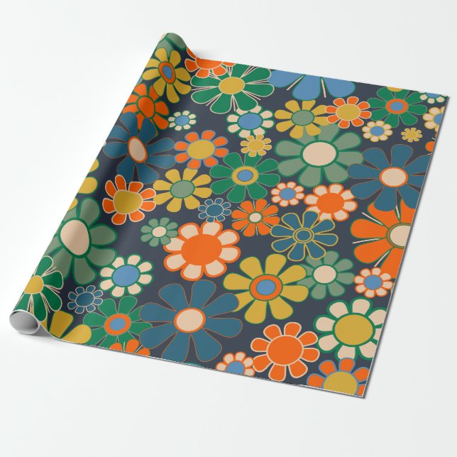 Groovy Retro 60er 70er Hippie Vintages Blumenmuste Geschenkpapier (Ungerollt)