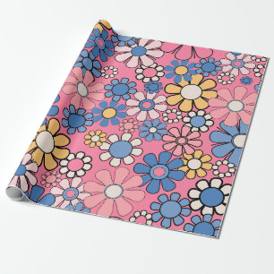 Groovy Retro 60er 70er hübsches rosa Blumenmuster Geschenkpapier