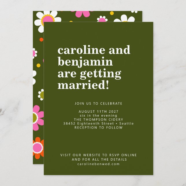 Groovy Retro 60er Blume Dark Green Bold Wedding Einladung (Vorne/Hinten)