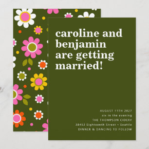 Groovy Retro 60er Blumen Dunkelgrüne Boho-Hochzeit Einladung