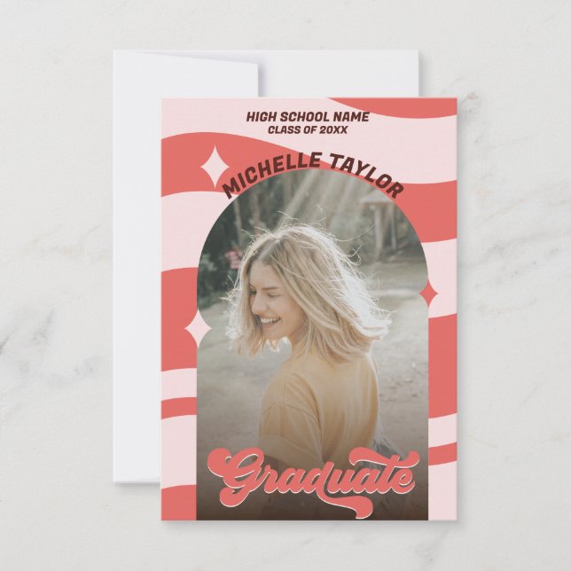 Groovy Retro 70er Abschluss Rosa Vintag Arch Einladung (Vorderseite)