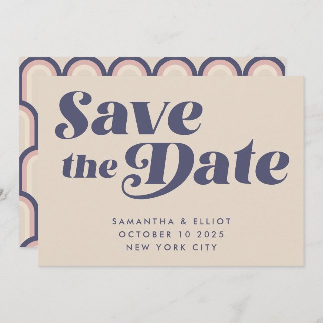 Groovy Retro 70er Beige Navy Blue Simple Save The Date (Vorne/Hinten)