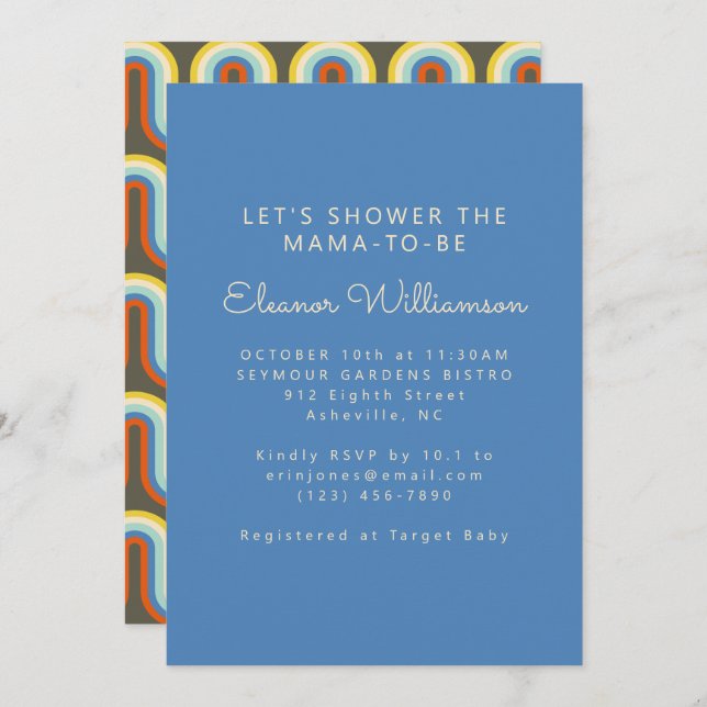 Groovy Retro 70er Blue Olive Green Baby Boy Dusche Einladung (Vorne/Hinten)