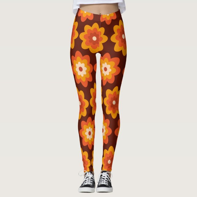 Groovy Retro 70er boho hippie Orange Blume Muster Leggings (Vorderseite)