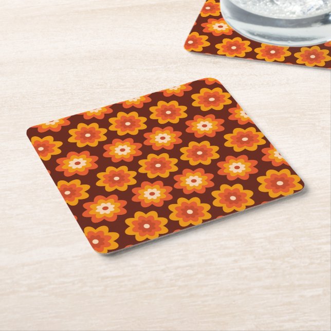 Groovy Retro 70er boho hippie Orange Blume Muster Rechteckiger Pappuntersetzer (angewinkelt)
