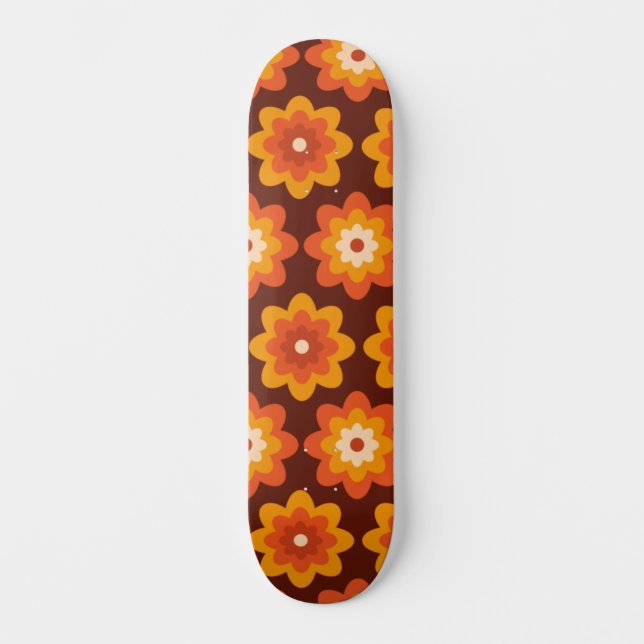 Groovy Retro 70er Boho Hippie Orange Blume Muster Skateboard (Vorderseite)
