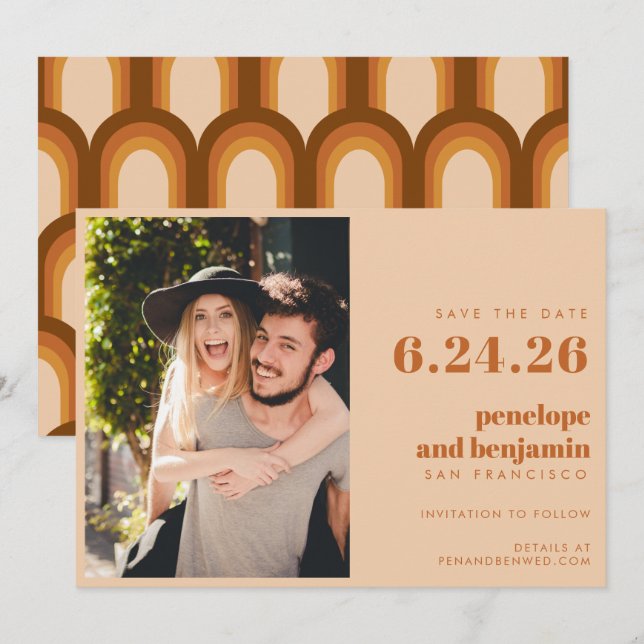Groovy Retro 70er Design in Brown FOTO Wedding Save The Date (Vorne/Hinten)