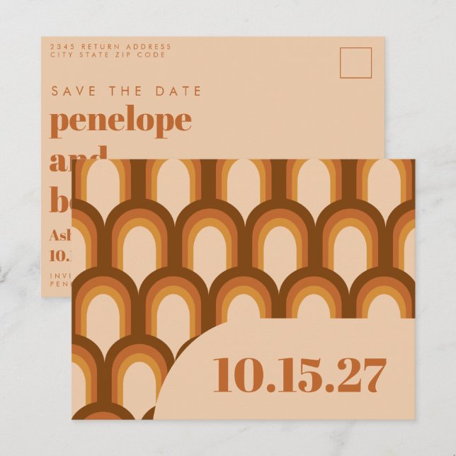 Groovy Retro 70er Design in Brown und Sand Wedding Postkarte (Vorne/Hinten)