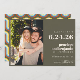 Groovy Retro 70er Design in Olive FOTO Hochzeit Save The Date