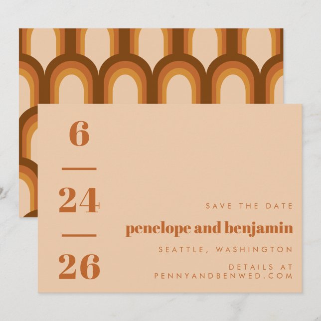 Groovy Retro 70er Earthy Brown Neutrals Mod Weddin Save The Date (Vorne/Hinten)