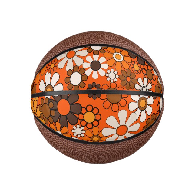 Groovy Retro 70er Floral Brown und Orange Muster Mini Basketball (Vorderseite)