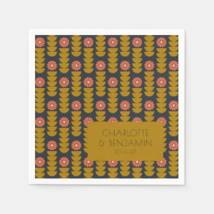 Groovy Retro 70er Floral Gold Blue Custom Wedding Serviette