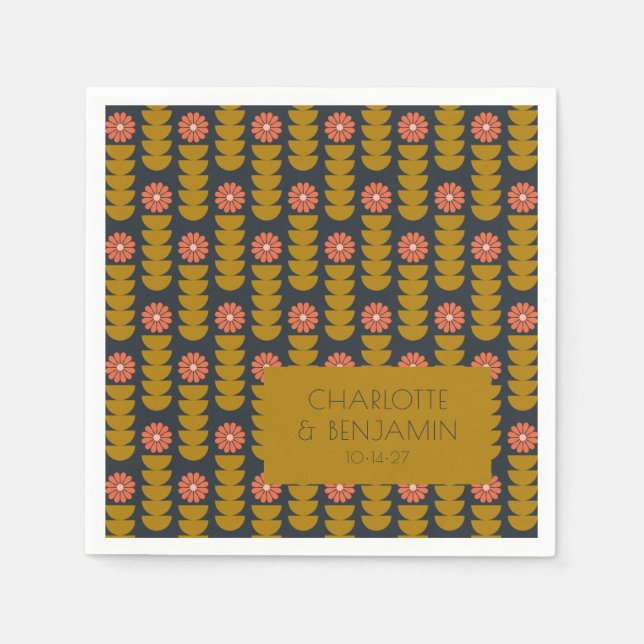 Groovy Retro 70er Floral Gold Blue Custom Wedding Serviette (Vorderseite)