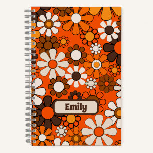 Groovy Retro 70er Floral Personalisiert Brown Oran Notizbuch