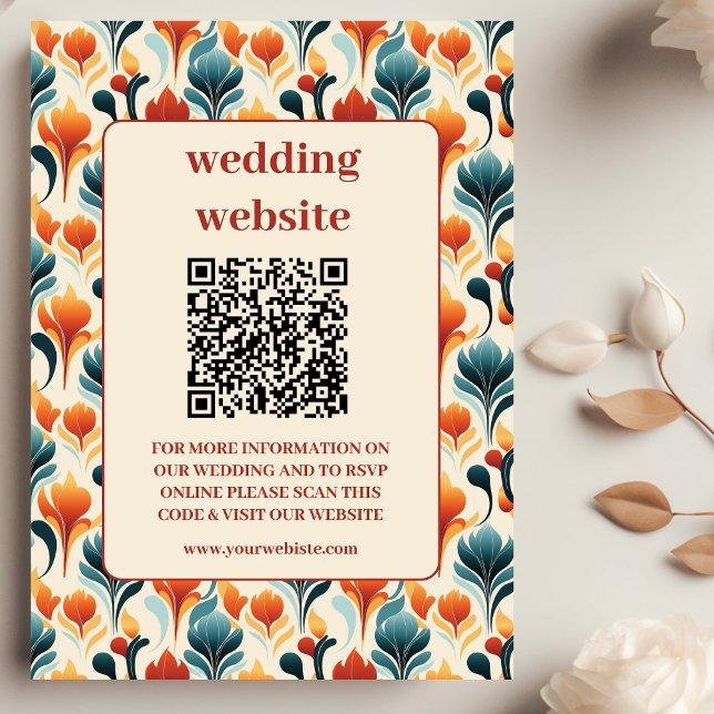 Groovy Retro 70er Floral Wedding Qr Code Umschließ Begleitkarte (Von Creator hochgeladen)