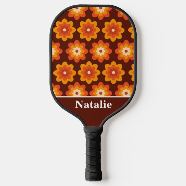 Groovy Retro 70er Hippie Orange Blume Personalisie Pickleball Schläger (Vorderseite)