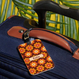 Groovy Retro 70er Orange Gelbe Blumen Name Gepäckanhänger