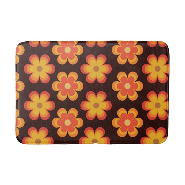 Groovy Retro 70er Orange und Gelbe Blumen Badematte (Vorderseite)