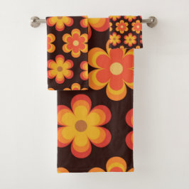 Groovy Retro 70er Orange und Gelbe Blumen Badhandtuch Set