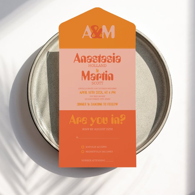 Groovy Retro 70er Peach Orange Bold Wedding All In One Einladung (Orange Retro Wedding Invite)