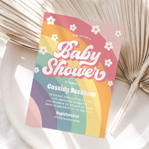 Groovy Retro 70er Rainbow Baby Shower Einladung