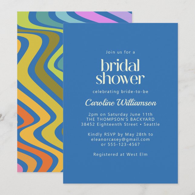 Groovy Retro Abstrakt Rainbow Blue Brautparty Einladung (Vorne/Hinten)