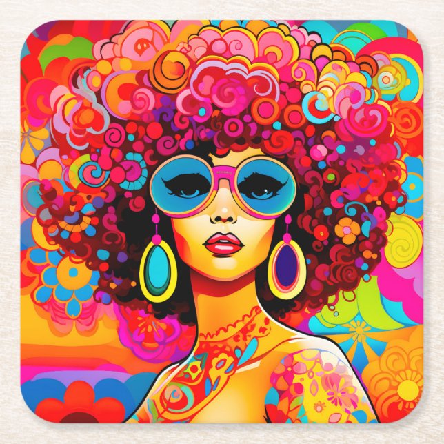 Groovy Retro Afro Chic Pop Art Rechteckiger Pappuntersetzer (Vorderseite)
