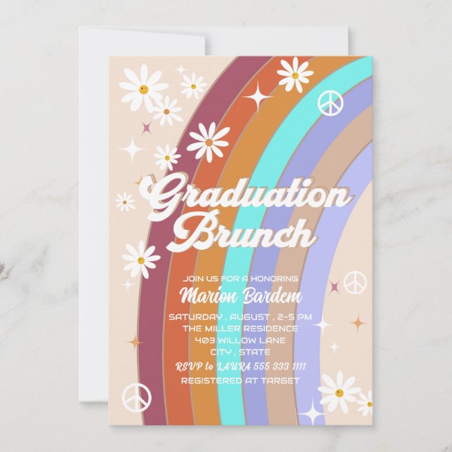 Groovy Retro Aquarell Abschluss Brunch Einladung (Vorderseite)
