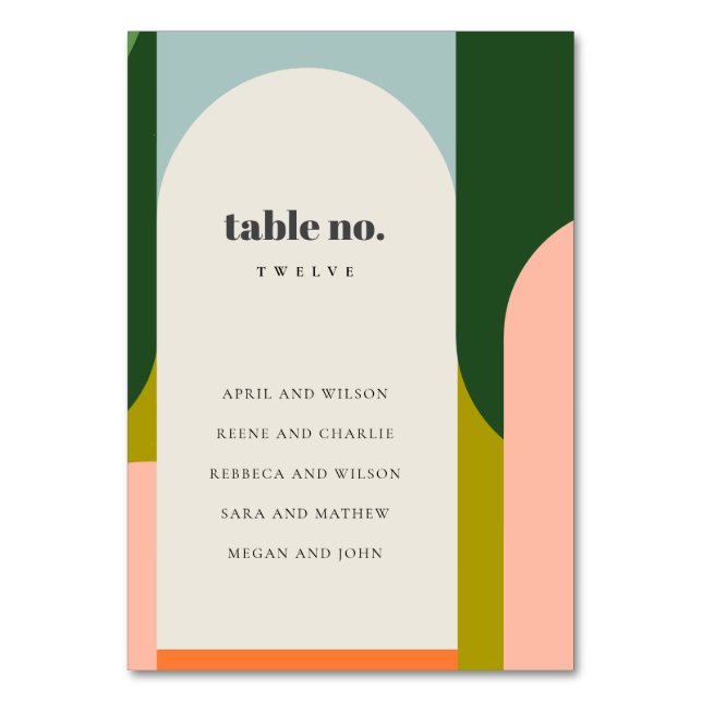 Groovy Retro Arch Abstrakte kühle Hochzeitssitze Tischnummer (Vorderseite)