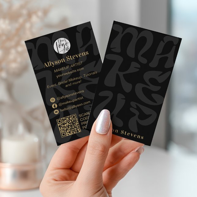 Groovy retro black logo qr code Makeup Visitenkarte (Groovy retro black logo qr code Makeup Business Card)