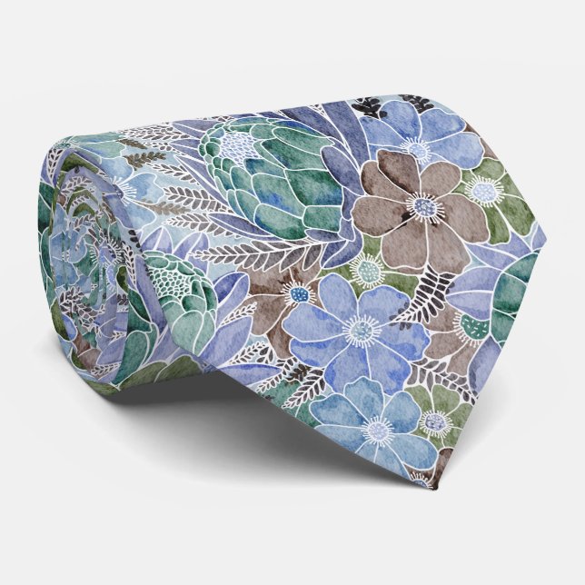 Groovy Retro Blue Protea und Daisy Muster Krawatte (Gerollt)