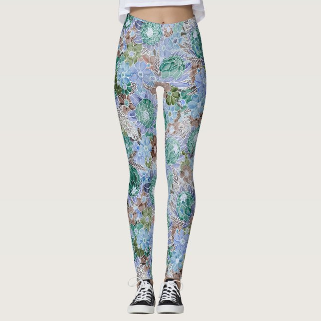 Groovy Retro Blue Protea und Daisy Muster Leggings (Vorderseite)