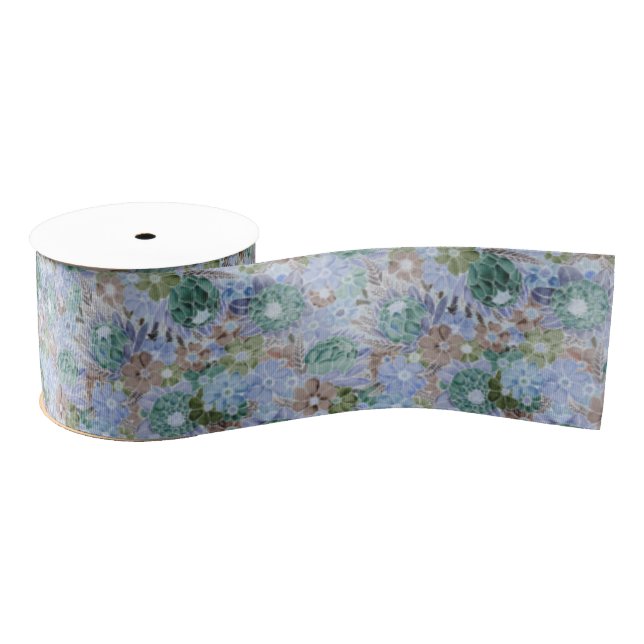 Groovy Retro Blue Protea und Daisy Pattern Ripsband (Spule)