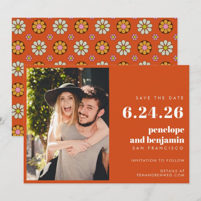 Groovy Retro Blume Orange Pink Foto Hochzeit Save The Date (Vorne/Hinten)