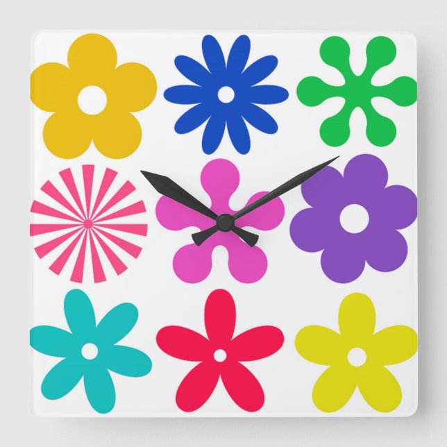 GROOVY RETRO-BLUME QUADRATISCHE WANDUHR (Vorderseite)