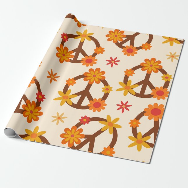 Groovy Retro-Blumen auf Frieden-und-Liebe-Schilder Geschenkpapier (Ungerollt)
