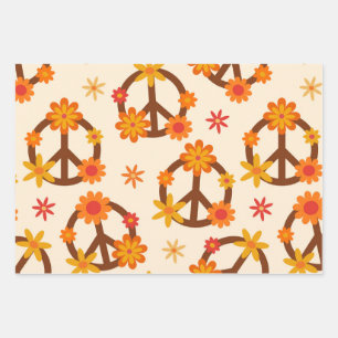 Groovy Retro-Blumen auf Frieden-und-Liebe-Schilder Geschenkpapier Set