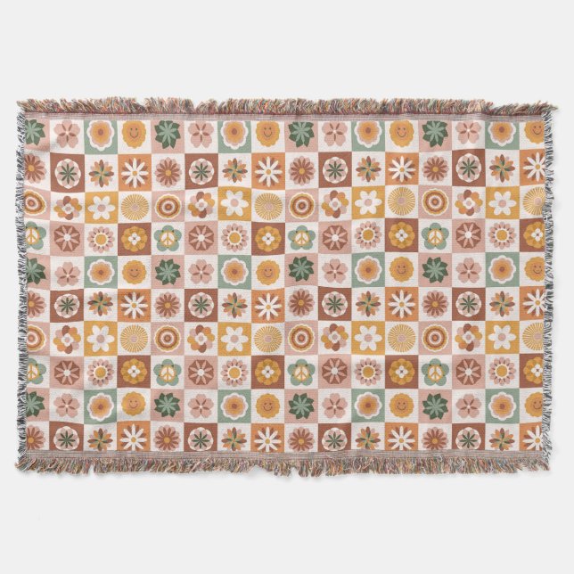 Groovy Retro Blumen Kariert Decke (Vorderseite)