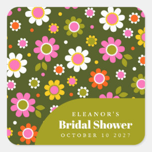 Groovy Retro Blumen Oliven Brautparty Custom Quadratischer Aufkleber