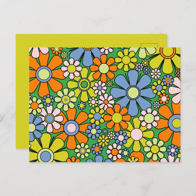 Groovy Retro Blumenfarbige 60er 70er Pattern Postkarte (Vorne/Hinten)