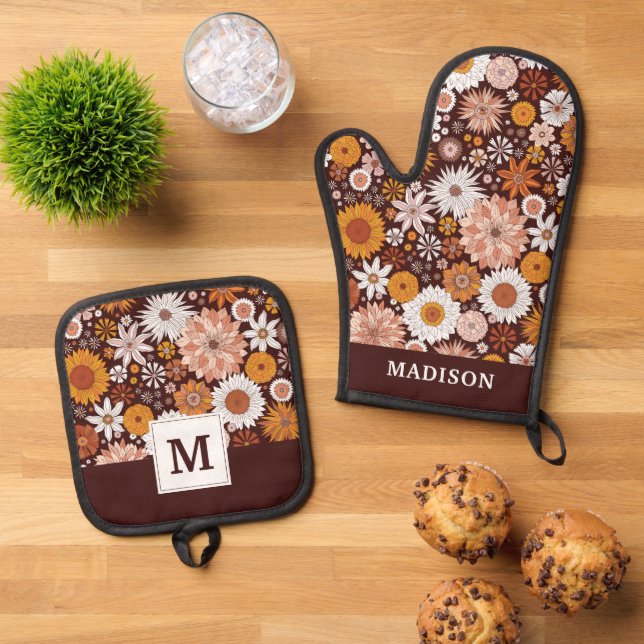 Groovy Retro Blumengartenmuster Ofenhandschuh & Topflappen-Set (Oben Unten)