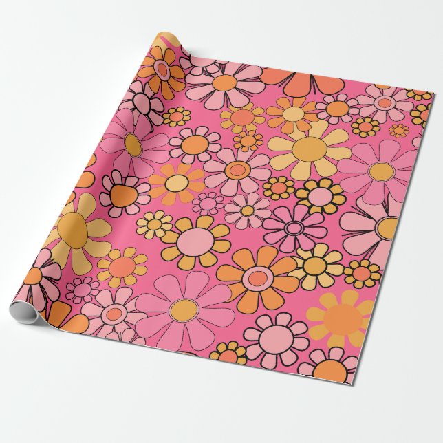 Groovy Retro Blumenmuster 60er 70er Pink Geschenkpapier (Ungerollt)