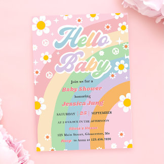 Groovy Retro Boho Daisy Hello Baby Shower Party Einladung