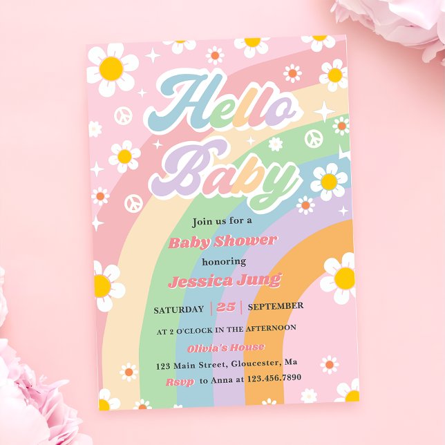 Groovy Retro Boho Daisy Hello Baby Shower Party Einladung (Von Creator hochgeladen)