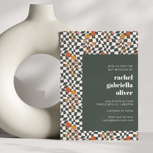 Groovy Retro Boho Green Checkerboard Bat Mitzvah Einladung (Von Creator hochgeladen)