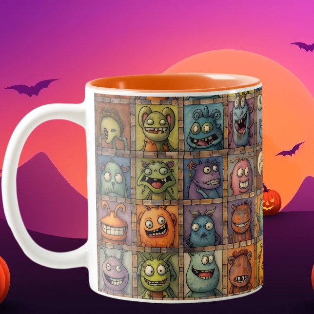 Groovy Retro Cartoon Monster Square Tiles Zweifarbige Tasse (Von Creator hochgeladen)