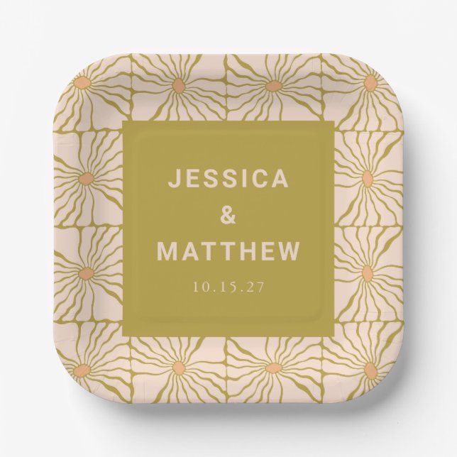 Groovy Retro Chartreuse Botanische Hochzeit Pappteller (Vorderseite)