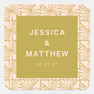 Groovy Retro Chartreuse Botanische Hochzeit Quadratischer Aufkleber