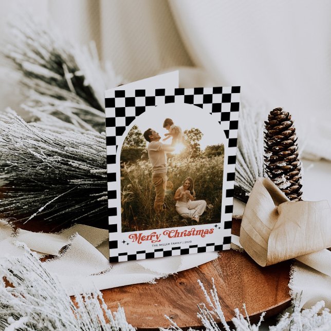 Groovy Retro Checkered Arch Foto Feiertagskarte (Retro Checkered Arch Photo Family Christmas Card)